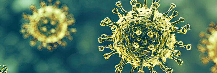 A yellow virus is shown in a close up - obrazy, fototapety, plakaty