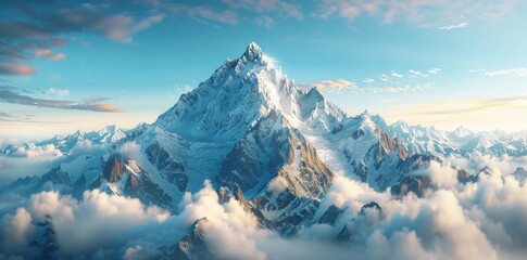 A mountain range covered in snow and clouds. The sky is blue and the clouds are white. The mountain range is very tall and majestic