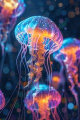 Capture the mesmerizing glow of bioluminescent jellyfish in a cubist style, showcasing intricate geometric forms and vibrant colors Emphasize depth and dimension in a high-angle composition - obrazy, fototapety, plakaty
