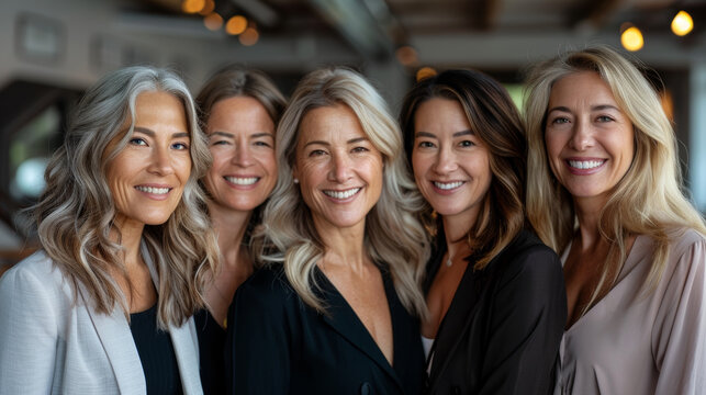 A Group Of Women Are Smiling For The Camera. They Are All Wearing Black And White Outfits. Scene Is Happy And Friendly