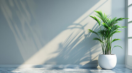 plant in a white pot on an empty wall background, in the minimalist style, with a simple design,