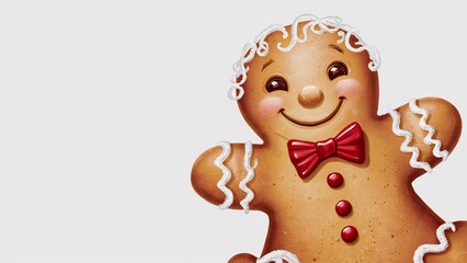 A cheerful gingerbread man cookie joyfully decorated with intricate white icing details. The cookie has smiling eyes and is dressed in a smart red bow tie. It also has three distinctive red butto...