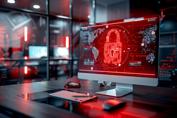 A red digital padlock icon is displayed on a computer screen in a modern office with a blurred background - Powered by Adobe