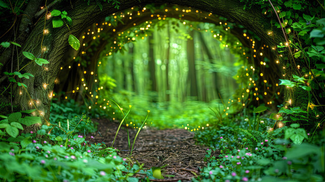 A forest path with a glowing green tunnel