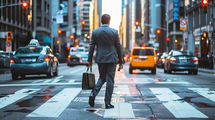 A man in a suit crosses a city street at a crosswalk. He carries a laptop bag in one hand and a...