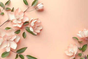 Fototapeta na wymiar Peach background with beautiful delicate flowers and leaves