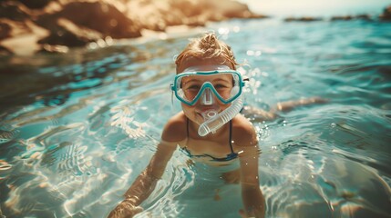 Cute little girl in a swimsuit wearing a mask and snorkel having fun playing in water at the beach. child in mask and snorkel on the beach in the water