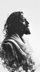 Fototapeta premium Stark digital illustration of Jesus Christ a powerful monochrome image on a white background