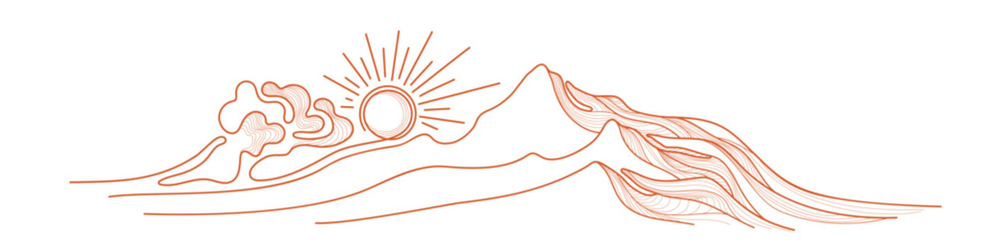 Mountain, sun, cloud, nature relief. Line sketch