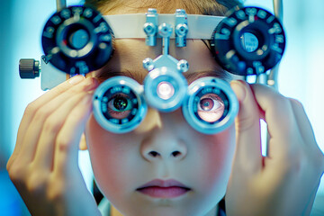 Close up of a doctor's hands using an eye phoropter machine to check a child's vision distance at a clinic
