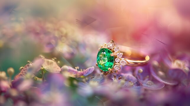 A vibrant green emerald ring sparkled against an ethereal backdrop of soft colors.