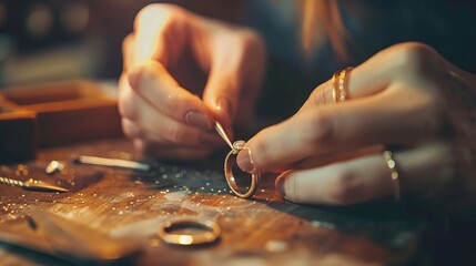 A woman is making a ring on a wooden table. The picture is taken from a close angle.