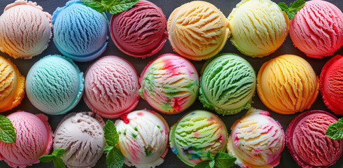 Fototapeta na wymiar Colorful ice cream balls background, top view of many different colors and flavors of ice cream in cones and ball shapes on flat surface.