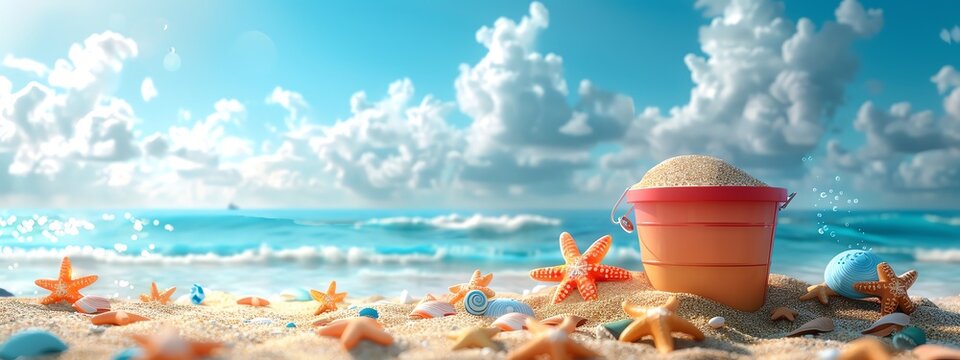 Craft a photorealistic digital rendering of a panoramic view Beach bucket clipart filled with an array of vivid sand toys standing out against the sandy beach backdrop