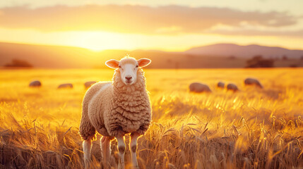 A sheep standing in the field of grass, sunset behind it and mosque silhouette, golden hour, ultra...