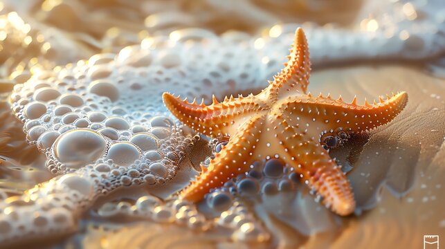 Craft a vibrant digital rendering of a bright, detailed starfish clipart crawling elegantly across sandy beach textures