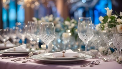Beautifully blurred background, crystal glasses, and exquisite table settings for fine dinner