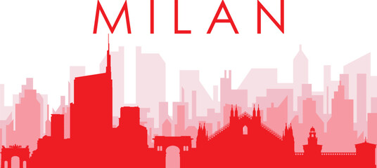 Red panoramic city skyline poster with reddish misty transparent background buildings of MILAN (MILANO), ITALY