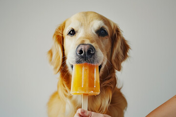 Golden Retriever dog eating an orange popsicle held in the style of a woman's hand, white background, close up shot - Powered by Adobe