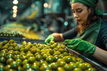 A dedicated female worker in protective clothing is meticulously sorting green olives on a conveyor