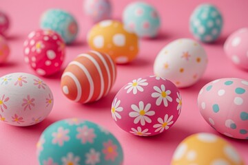Fototapeta na wymiar Multi-colored Easter eggs with beautiful patterns on a pink background. Concept: Christian Easter, holiday