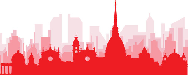 Red panoramic city skyline poster with reddish misty transparent background buildings of TURIN (TORINO), ITALY
