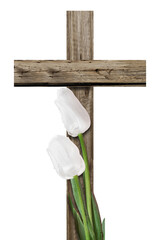 old wooden cross and two tulips