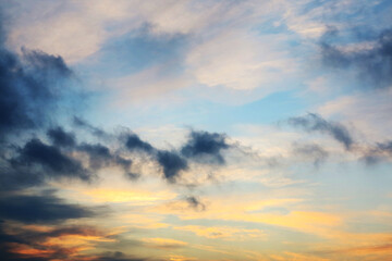 Sunset sky background panorama concept. Top view of horizon Evening sunset sky and morning sunrise...