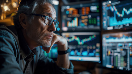 A thoughtful investor analyzing market trends and data on multiple screens, surrounded by charts and analytics tools