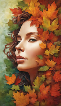 Portrait of a Woman with Face Covered by Autumn Leaves
