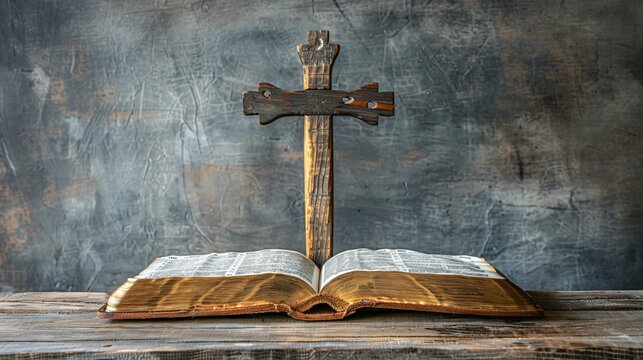 The open Bible with a rustic wooden cross rests against the simplicity of a neutral backdrop a silent sermon on faith