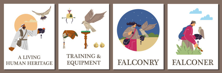 People, Arab falconers with hawking glove and falcon in the forest or desert nature, vector Falconry vector posters set