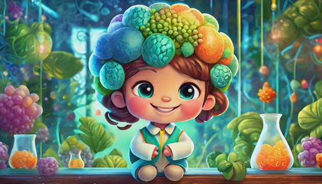 OIL PAINTING STYLE CARTOON CHARACTER CUTE BABY Laboratory engineer with a big electronic brain