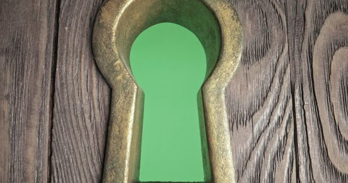 Slow motion of flies through rusty keyhole with green screen inside, door with keyhole. Peek, look in old keyhole to know secrets inside. Concept of open lock, entrance exit 