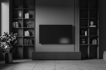 Rendering of a black and white living room featuring a bookcase and TV stand