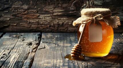 Photo of a jar with honey and an empty tag on a wooden background