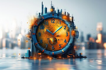 A vibrant image showcasing a futuristic city amalgamated with an antique clock symbolizing urban growth and time - obrazy, fototapety, plakaty