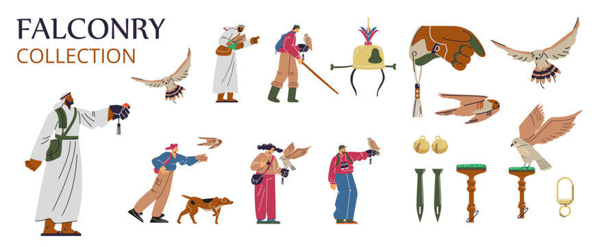Set of vector falconry equipment for training birds: block perch, field jess, gauntlet, hood, people, Arab falconers