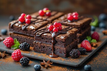 Create an artistic photograph of brownies with chocolate sauce, berries and star fruit on top.
