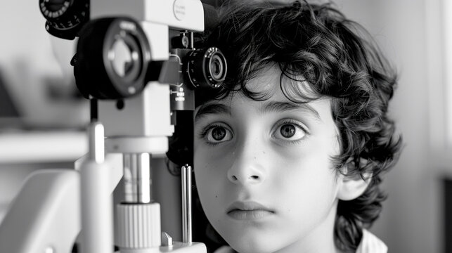 A close up of a boy patient doing an eye test using an occlusion machine on his face while getting his eye health checked