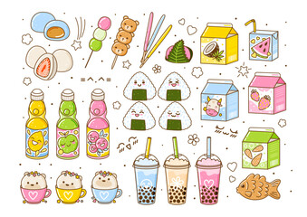 Set of cute asian food elements - cartoon illustration of traditional japanese sweets and drinks isolated on white background for Your kawaii design
