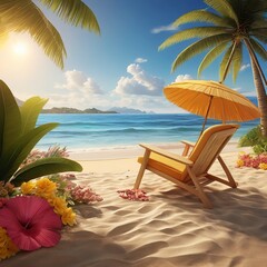 Free Photo Beautiful summer tropical beach 3d concept chair umbrella and summer element New background 