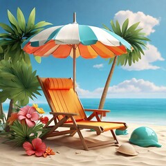 Free Photo Beautiful summer tropical beach 3d concept chair umbrella and summer element New background 