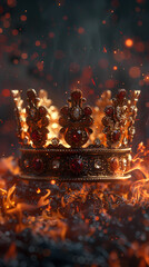Concept of a monarchy in ruins, crown of the king or queen on fire