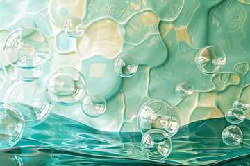 Crystal clear bubbles float effortlessly above a serene aqua-colored backdrop, evoking a sense of calm and tranquility in a harmonious, abstract composition