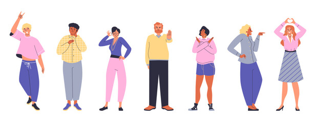 People showing gesture emotions vector set, hand and finger signs, cartoon positive negative expression body language