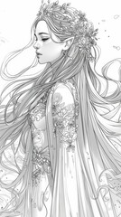 Fairy Tales: A coloring book page depicting a beautiful princess with long flowing hair