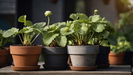 strawberry plants in pots