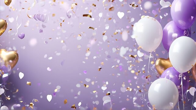 Colorful background with lilac and white balloons and party confetti - festive illustration for your graphic projects, vector, photorealism, 3 d render, Florianne Weskegvector 