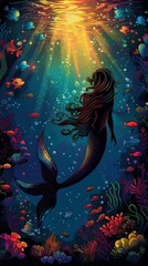 Obraz na płótnie Canvas Fantasy: A coloring book illustration of a magical mermaid swimming gracefully in the depths of the ocean